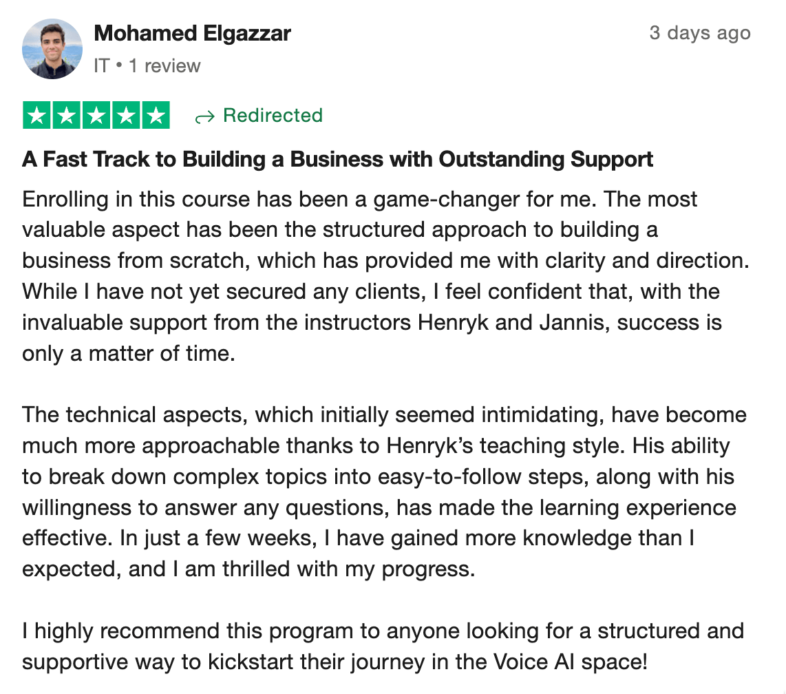 Voice AI Bootcamp member testimonial 10