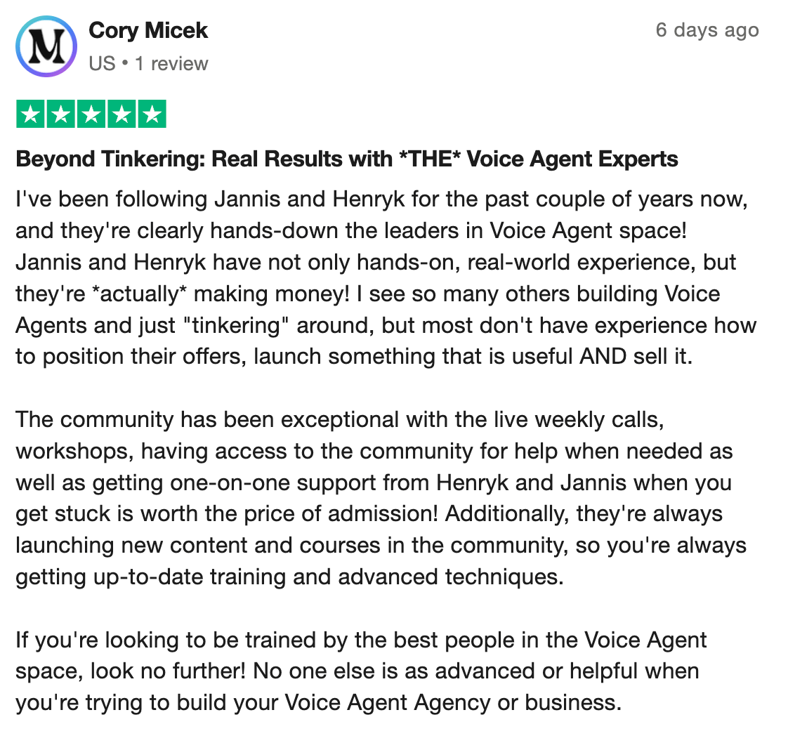 Voice AI Bootcamp member testimonial 11