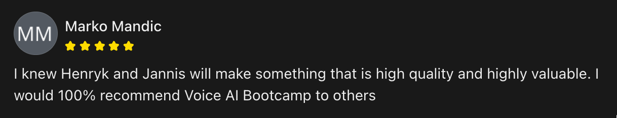 Voice AI Bootcamp member testimonial 16