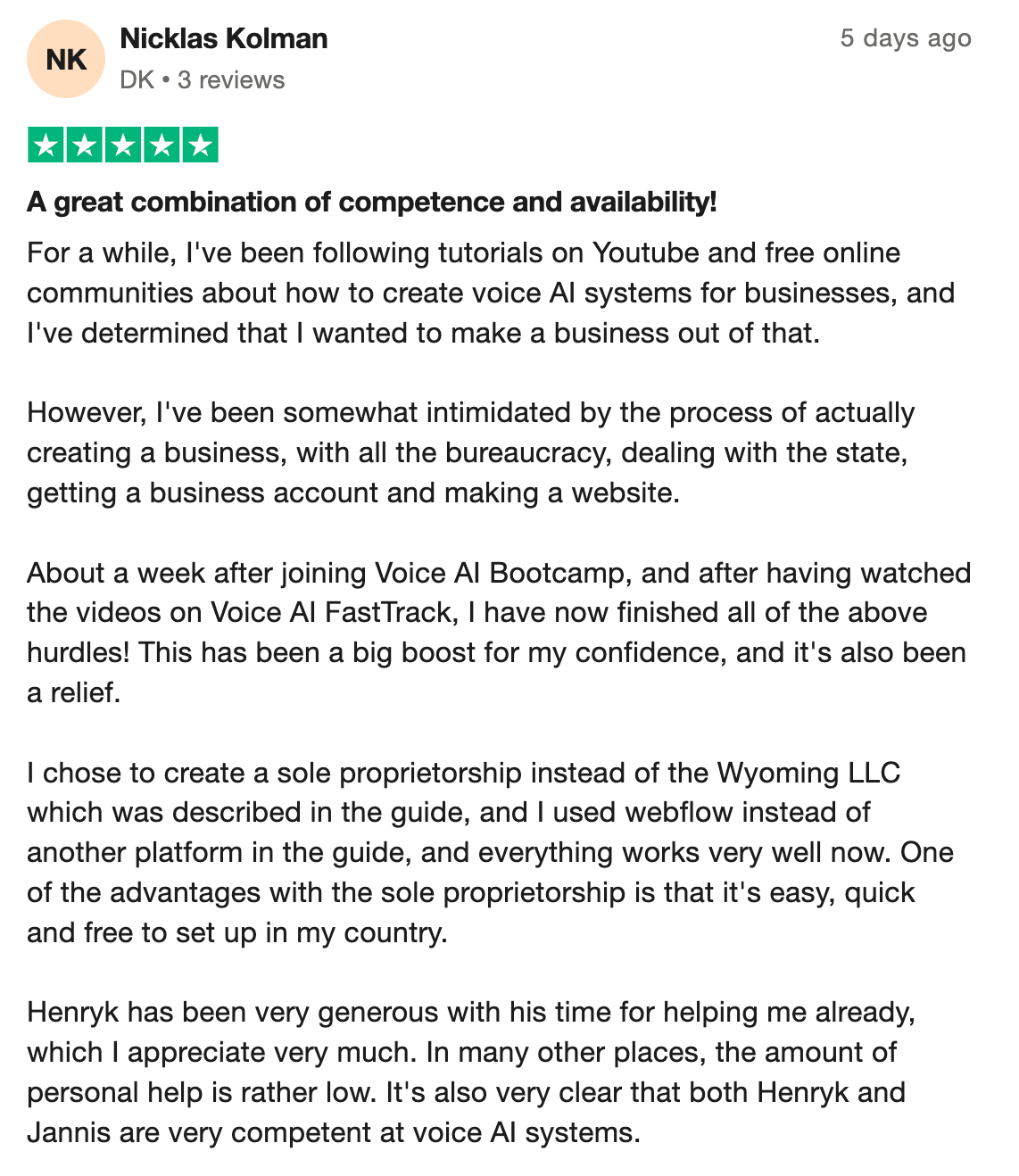 Voice AI Bootcamp member testimonial 22