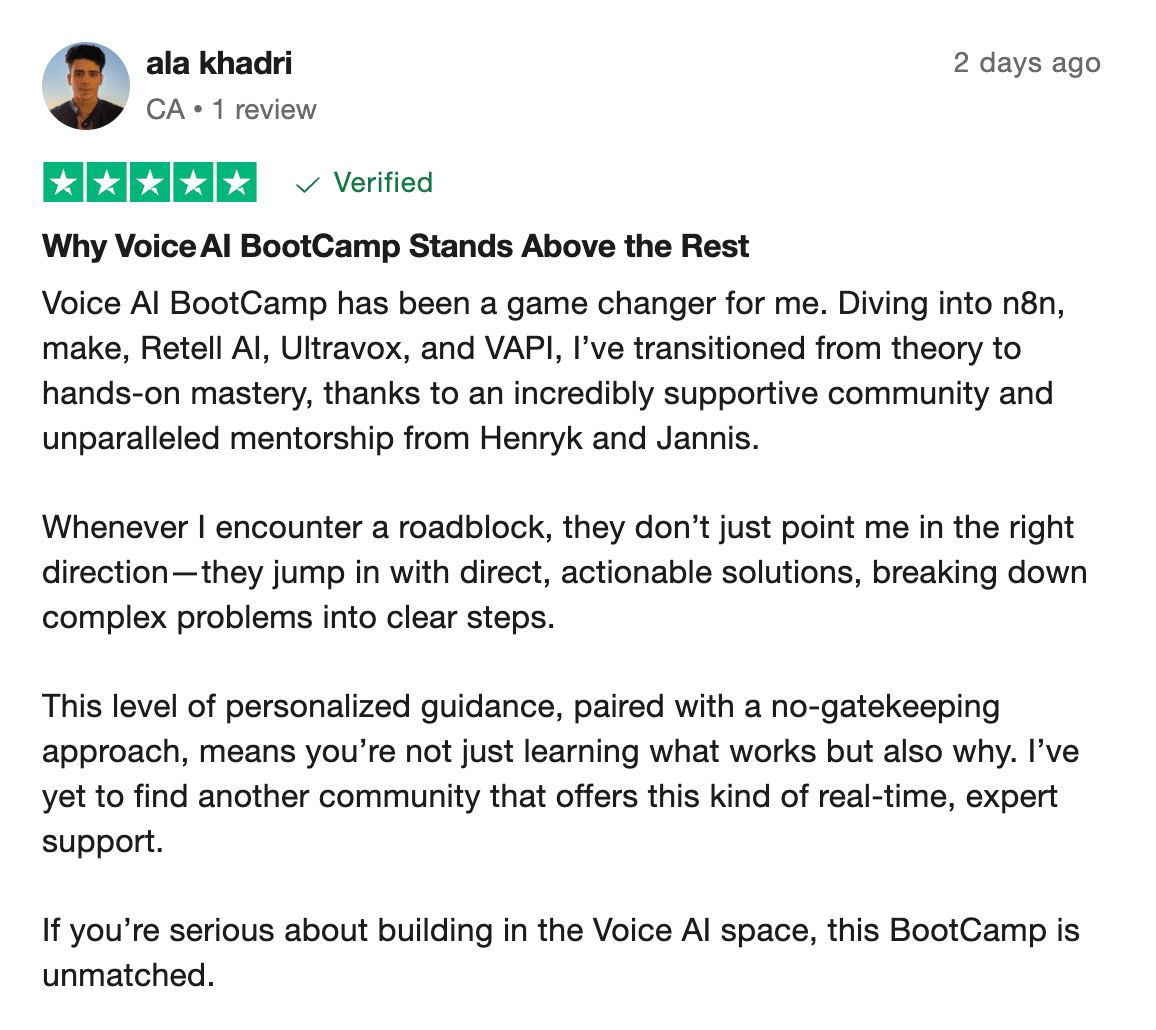 Voice AI Bootcamp member testimonial 24