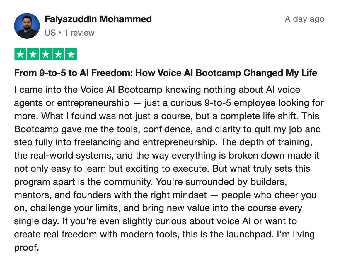 Voice AI Bootcamp member testimonial 25